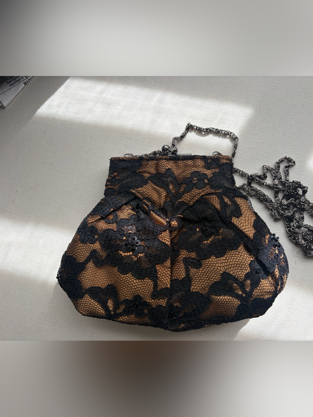 Elegant Black Floral Lace Evening Clutch Bag Pewter Chain Strap Nude Underlay